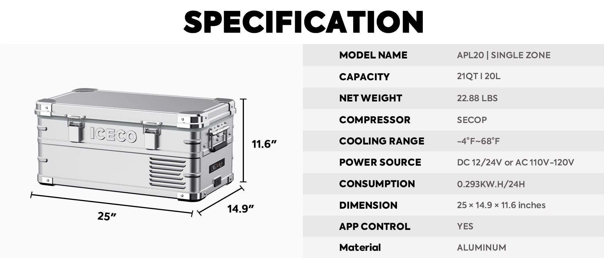 ICECO APL20 Aluminum Freezer, 20L