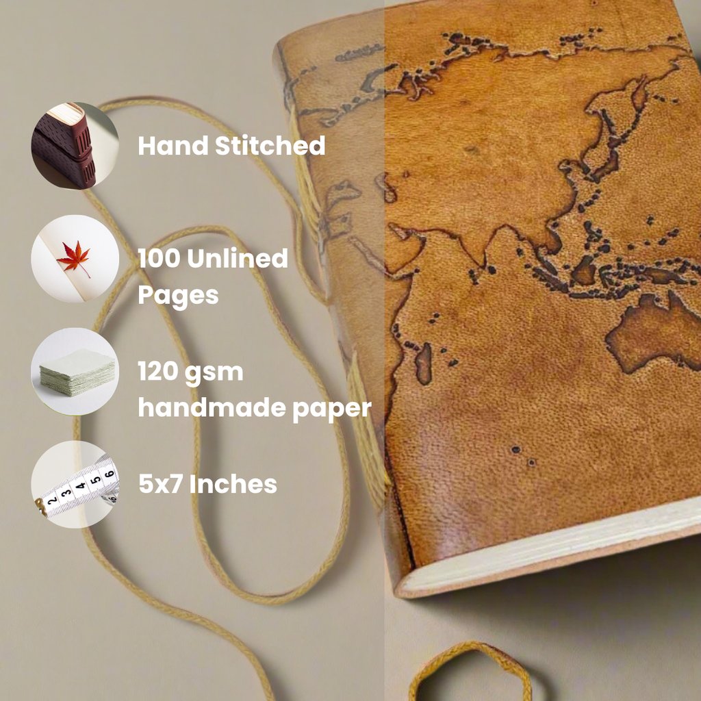 Vintage World Map Leather Journal, 7x5