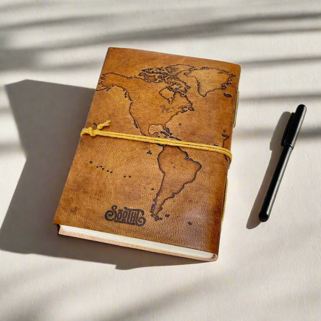 Vintage World Map Leather Journal, 7x5