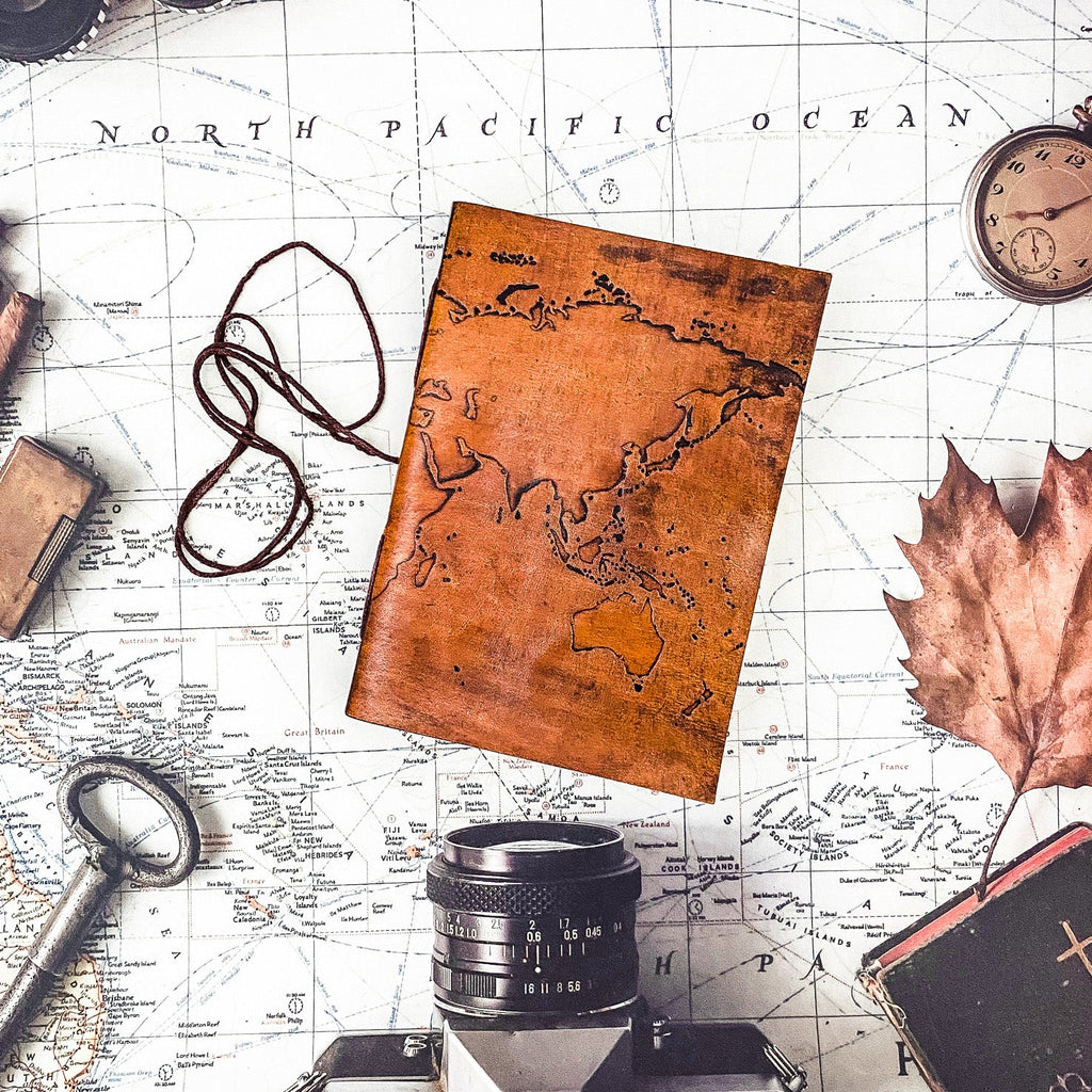 Vintage World Map Leather Journal, 7x5