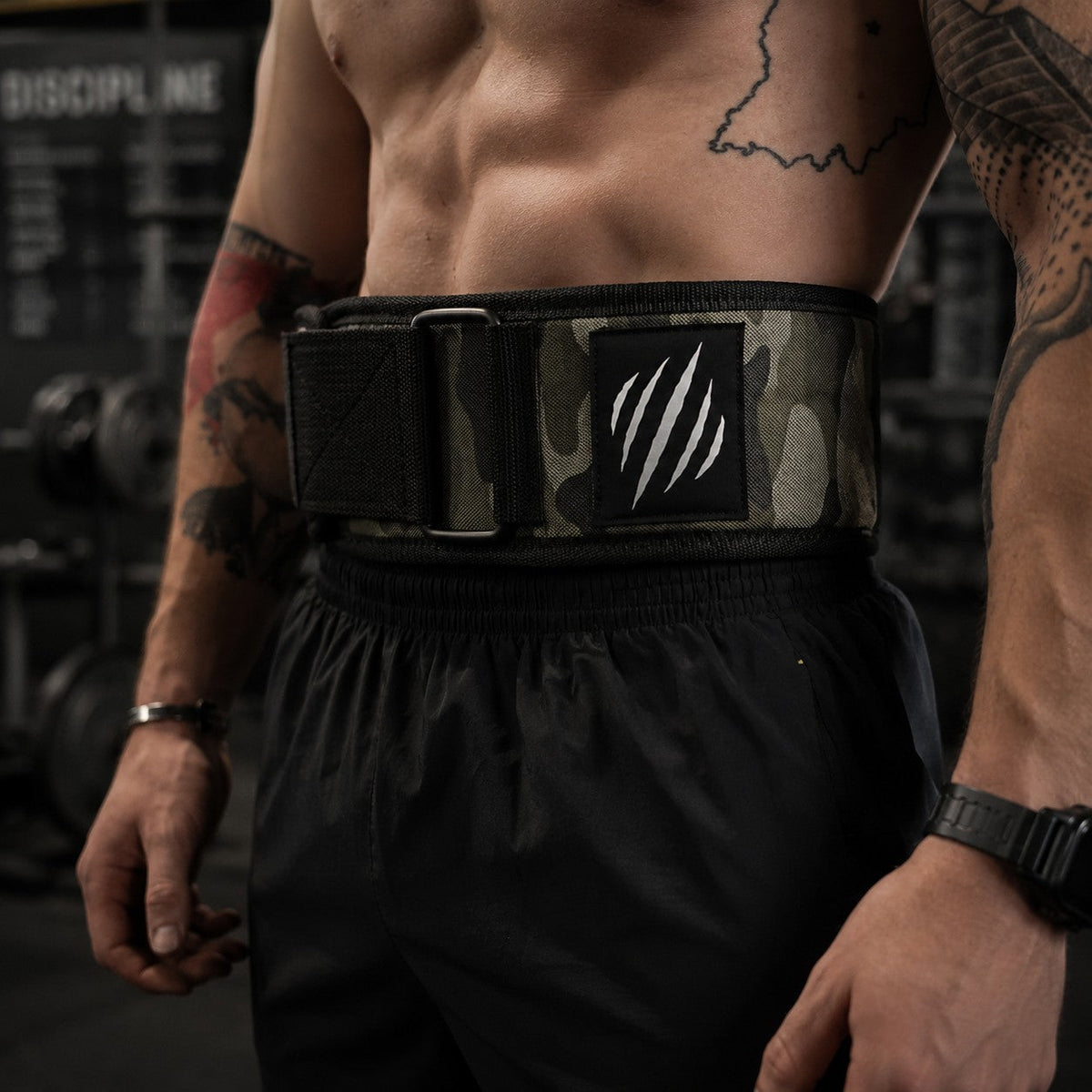 Bear KompleX APEX lifting belt in camo, worn in the gym