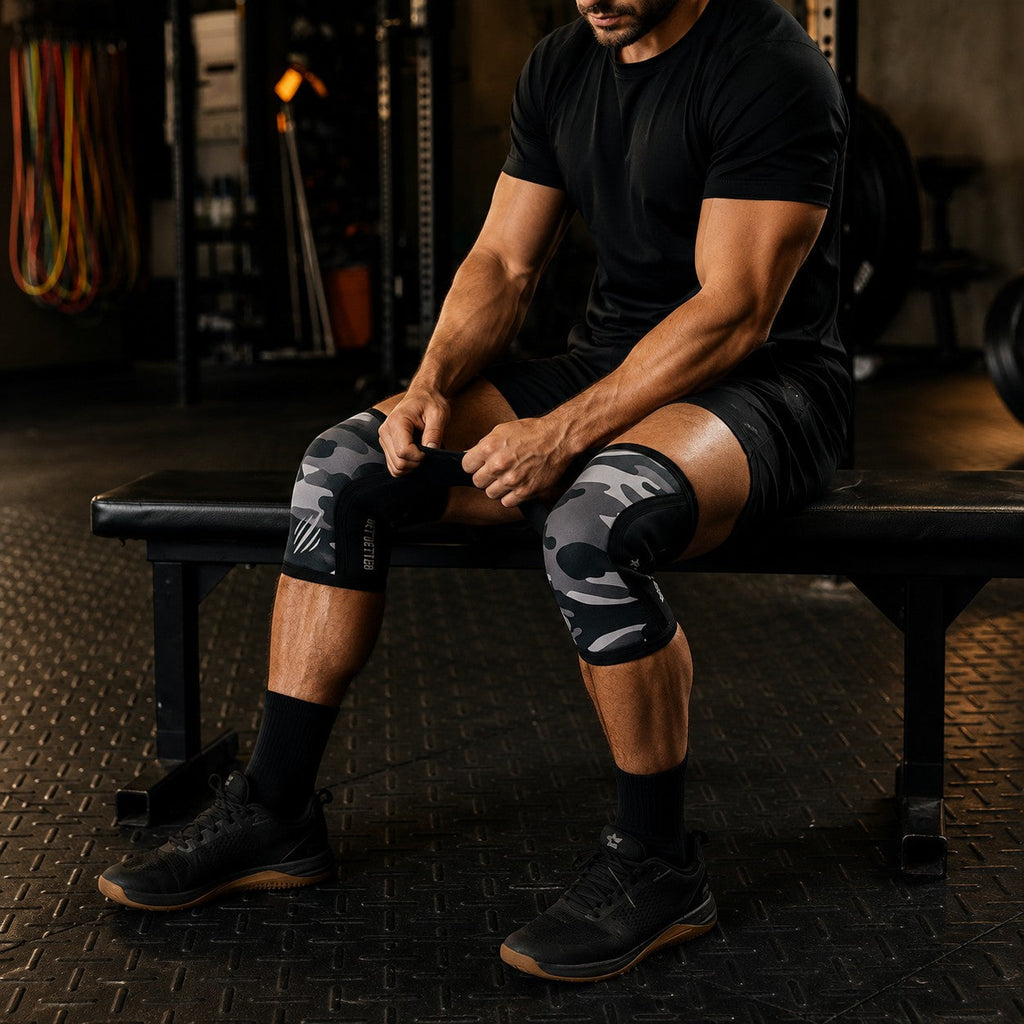 Bear KompleX black camo knee sleeves worn on a gym bench