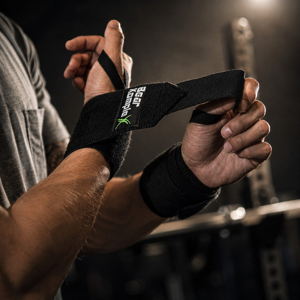 Bear KompleX wrist wraps being fitted in the gym