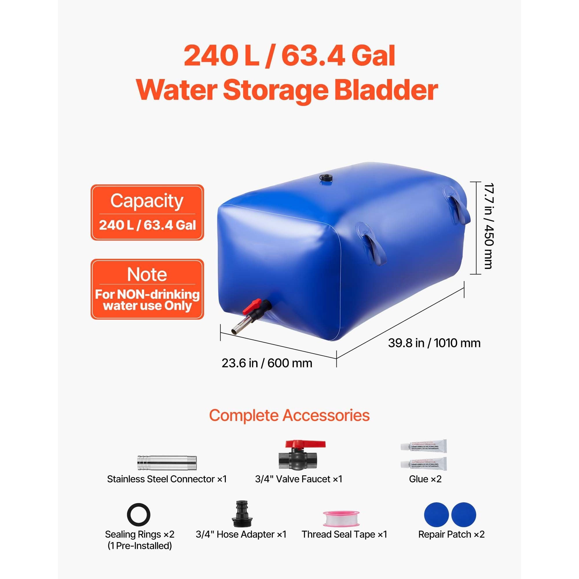 Water Storage Bladder — 63.4 Gal, Collapsible