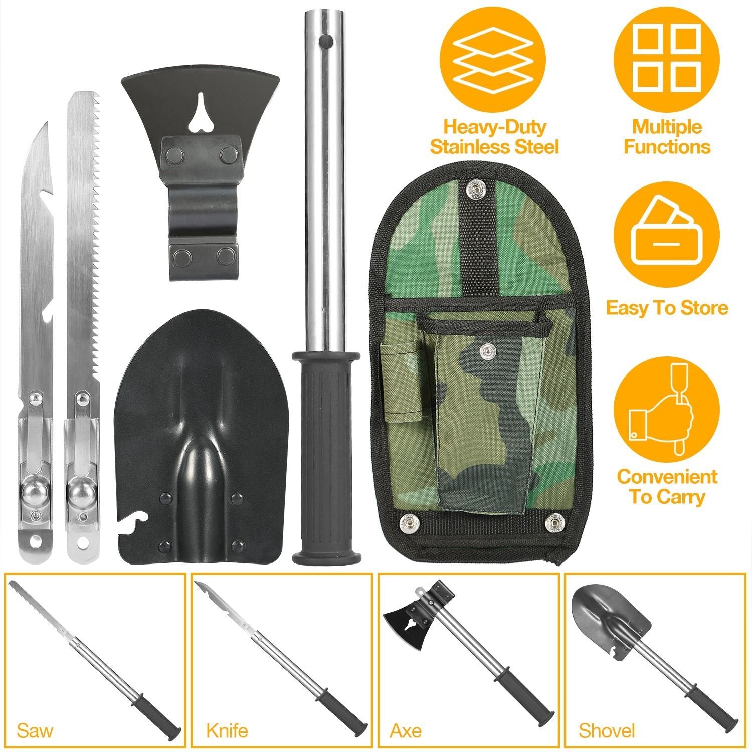 The 6-in-1 Camp Tool — Shovel · Knife · Axe · Saw